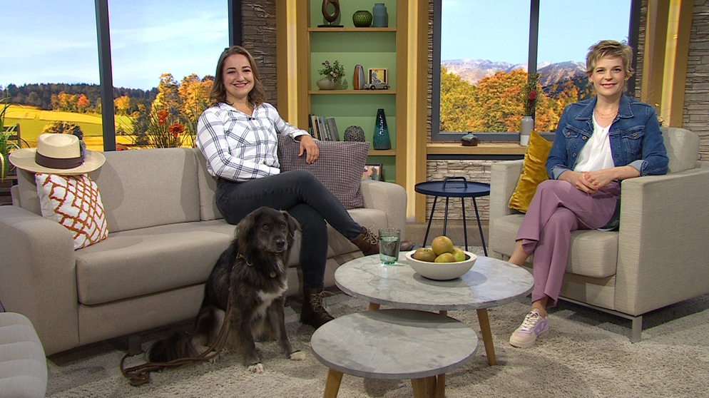 Simone Hage mit ihrem Hund und Moderatorin Sandra Bouscarrut | Bildquelle: Wir in Bayern
