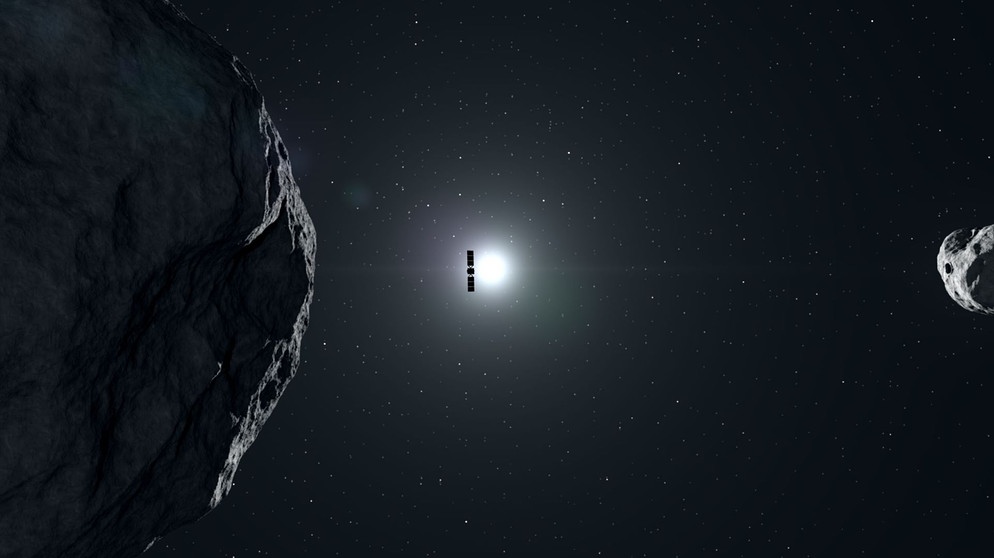 Hera und der Schutz der Asteroiden - Illustration: Die ESA-Sonde Hera und ihre beiden CubeSats im Didymos-System. | Bildquelle: ESA - Science Office
