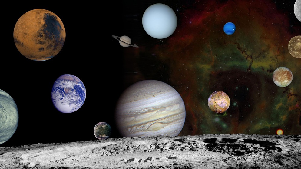 Das Sonnensystem - die acht Planeten, Pluto und vier Jupitermonde. | Bildquelle: NASA/JPL/ASU