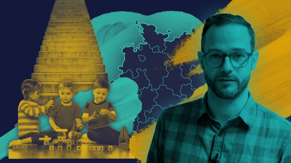 Montage: Respekt Moderator Rainer Maria Jilg, Spielende Kinder mit Buchstaben Klötzchen, Treppe und Deutschlandkarte | Bildquelle: Montage: BR