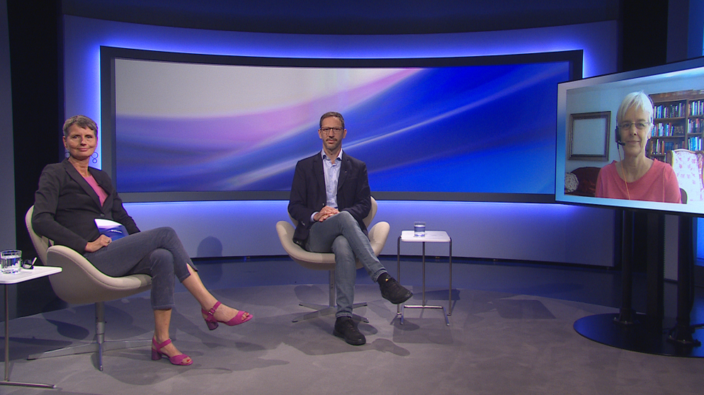 v.l.: Moderatorin Jutta Prediger, Dr. Florian Seidl, Achtsamkeitstrainer, Leiter Meditationshaus Dietfurt, zugeschaltet ist Wirtschaftsjournalistin Ulrike Herrmann. | Bildquelle: BR