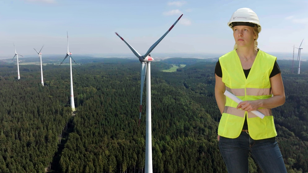 Pia Zordick im Hintergrund Windräder. Windenergie: Schafft Bayern den Ausbau? | Bildquelle: BR