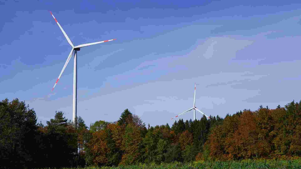 Zwei Windräder stehen in einer bewaldeten Landschaft. | Bildquelle: BR/Bernd Nitsche