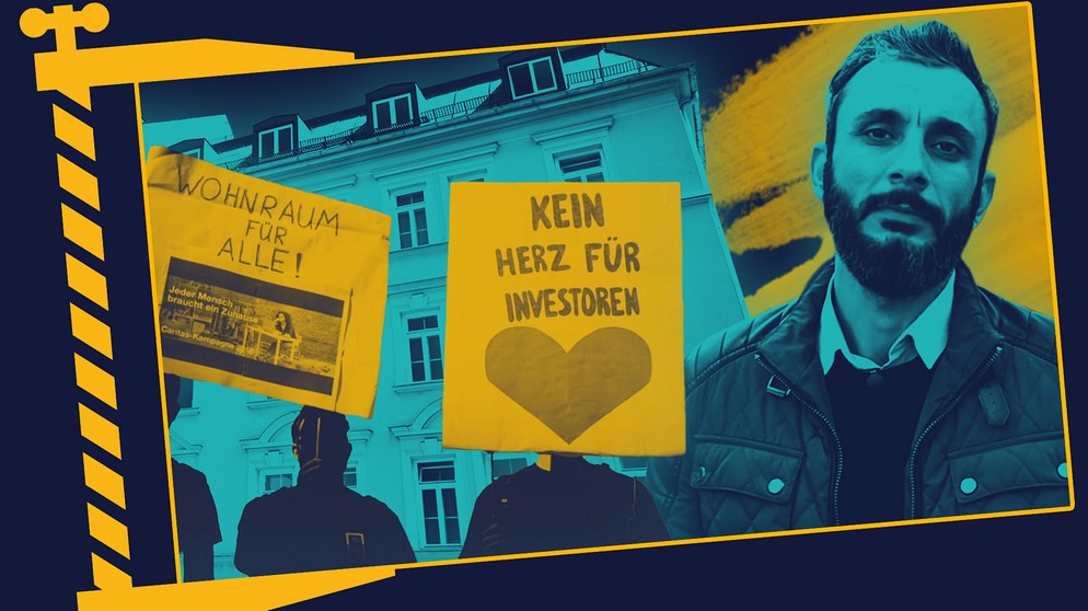 Altbau, im Vordergrund Demonstranten mit Schildern "Wohnraum für alle!" und "Kein Herz für Investoren"; Moderator: Ramo Ali | Bildquelle: BR, picture-alliance/dpa; Montage: BR