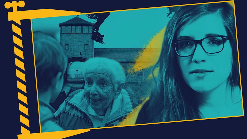 Presenterin Verena Hampl, im Hintergrund eine Zeitzeugin mit einem Kind und das KZ Auschwitz | Bildquelle: picture-alliance/dpa, colourbox.com, Montage: BR