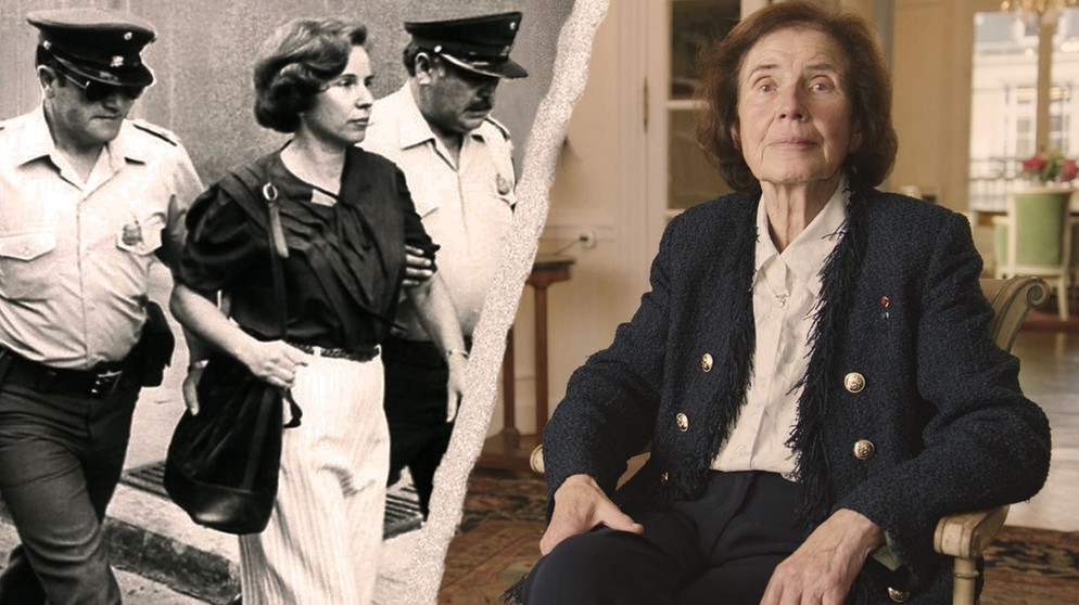 Beate Klarsfeld wird auf Nazijagd von chilenischen Polizisten abgeführt (links). Rechts: Beate Klarsfeld beim Interview. | Bildquelle: BR/Michael Maylandt