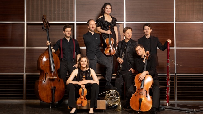 Mitwirkende des Albums "SEPTETS – Beethoven & Kreutzer" im Studio 2 des BR: Franziska Hölscher (Violine), Sebastian Manz (Klarinette), Theo Plath (Fagott), Felix Klieser (Horn), Haesue Lee (Viola), Andrei Ioniță (Violoncello), Dominik Wagner (Kontrabass) | Bildquelle: © Astrid Ackermann