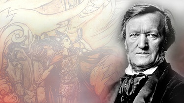 Richard Wagner vor Hintergrund-Zeichnung zur Götterdämmerung | Bild: dpa/Montage: BR/Antonia Schwarz