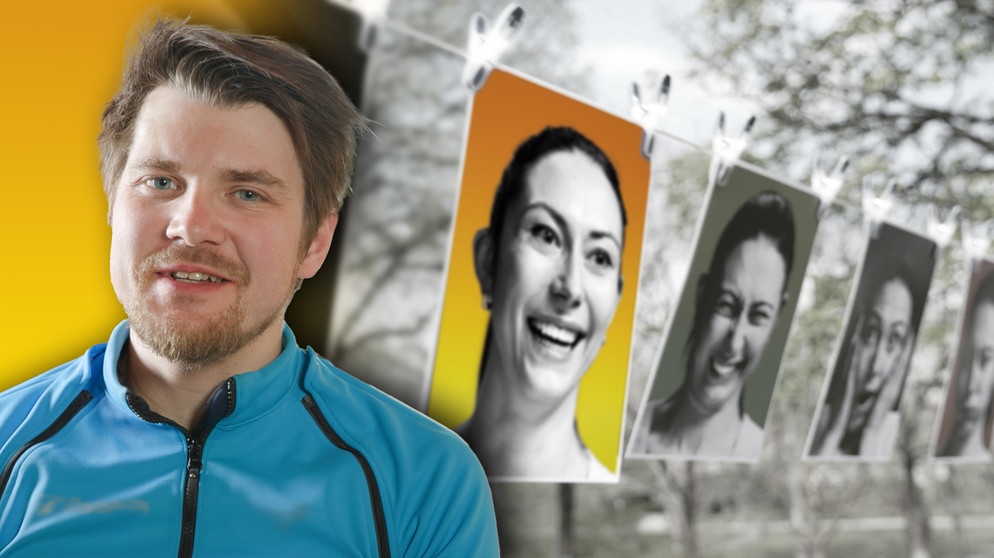 Maximilian Schwarzhuber aus Wolnzach, Extremsportler – mit zwei Beinprothesen. Hintergrund: Fotos mit glücklichen Gesichtern. Was macht Glück mit uns? | Bildquelle: BR