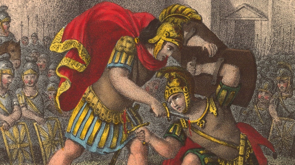 Kolorierte Kreidelithographie von R. Weibezahl, 1832: "Eteokles und Polynices im Zweikampf vor Theben". | Bildquelle: picture-alliance/dpa