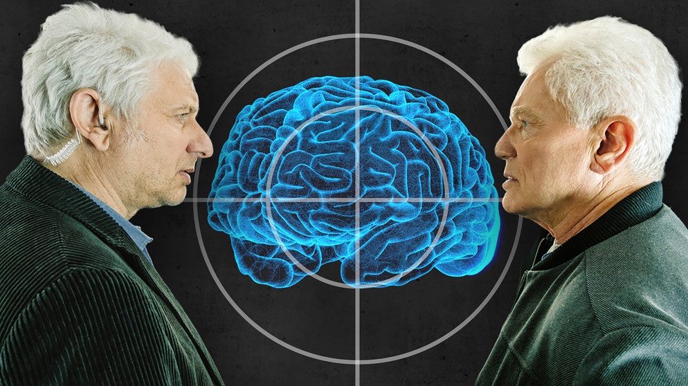 Die Münchner Kommissare Franz Leitmayr (Udo Wachtveitl) und Ivo Batic (Miroslav Nemec) im Profil. Im Hintergrund ein Gehirn im Fadenkreuz. Im Tatort-Krimi müssen die Kommissare einen Demenzerkrankten befragen, um einen Mordfall zu lösen. Die "Gut zu wissen"-Doku hinterfragt, wie realistisch die Methoden sind.  | Bildquelle: BR/Hendrik Heiden