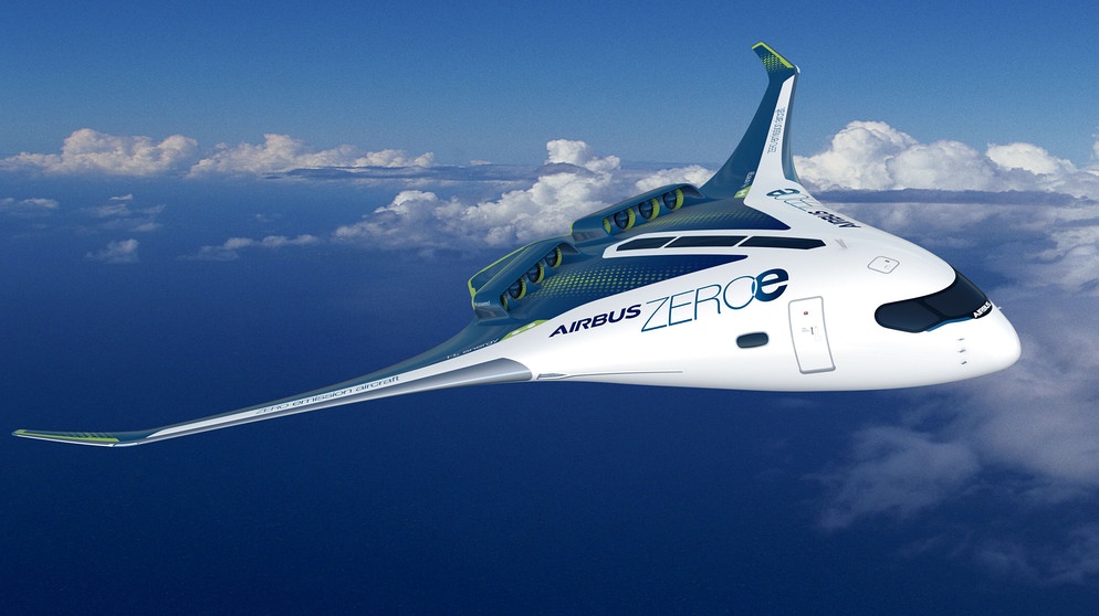 Konzept für ein Flugzeug mit Wasserstoffantrieb für bis zu 200 Passagiere.  | Bildquelle: picture alliance/dpa/Airbus
